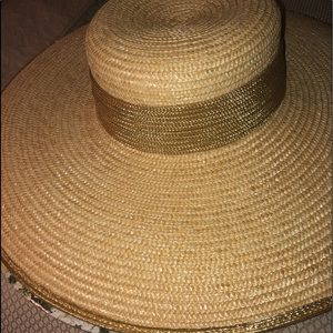 large brim summer sun hat tan with gold trim